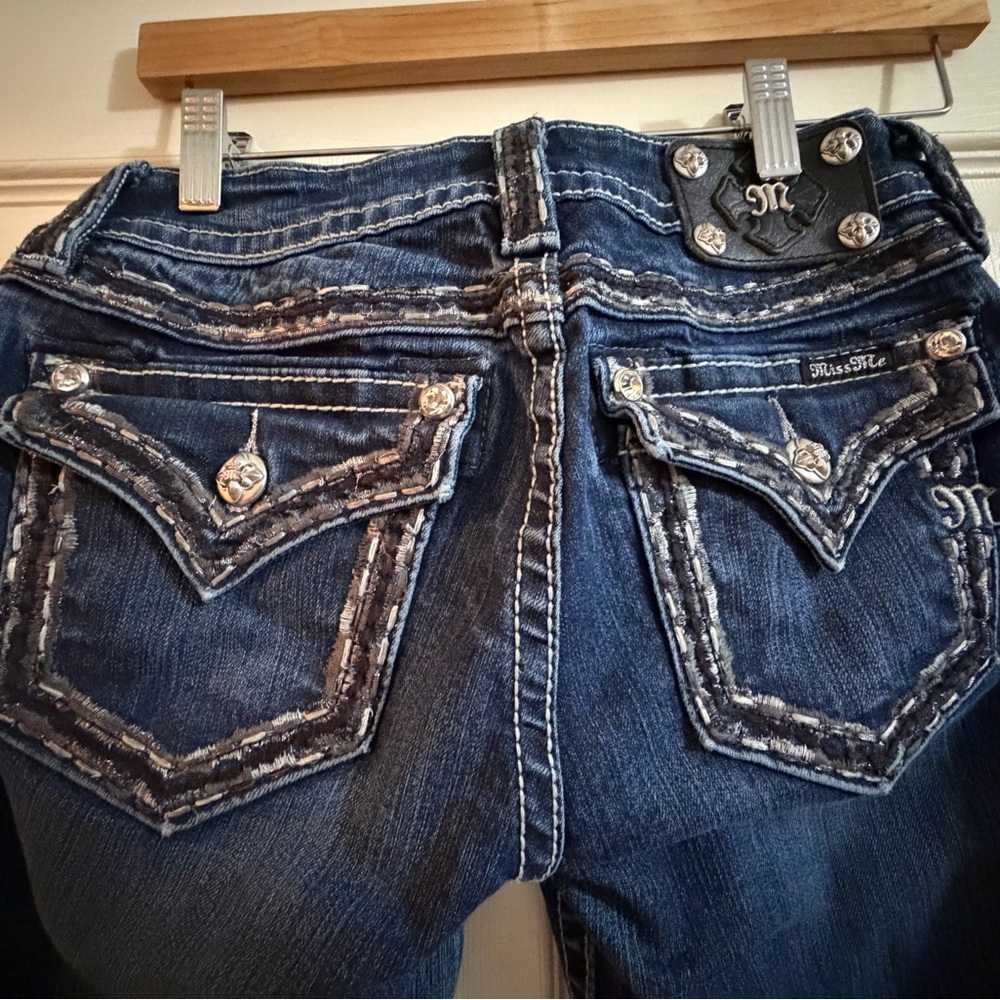 Miss Me Dark Blue Boot Cut Jeans with Silver Accents